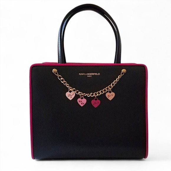 Karl Lagerfeld Paris Signature Hearts Satchel Crossbody – Black/Fuchsia - Picture 1 of 15